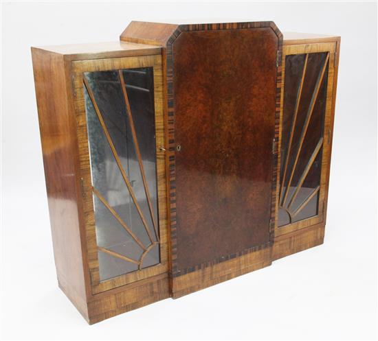 An Art Deco walnut and rosewood side cabinet, W.4ft 1in.